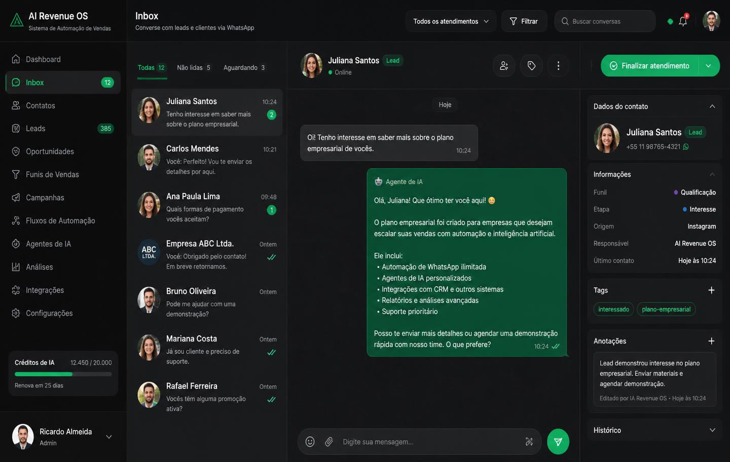 Inbox do AI Revenue OS com conversa de WhatsApp respondida pelo agente de IA